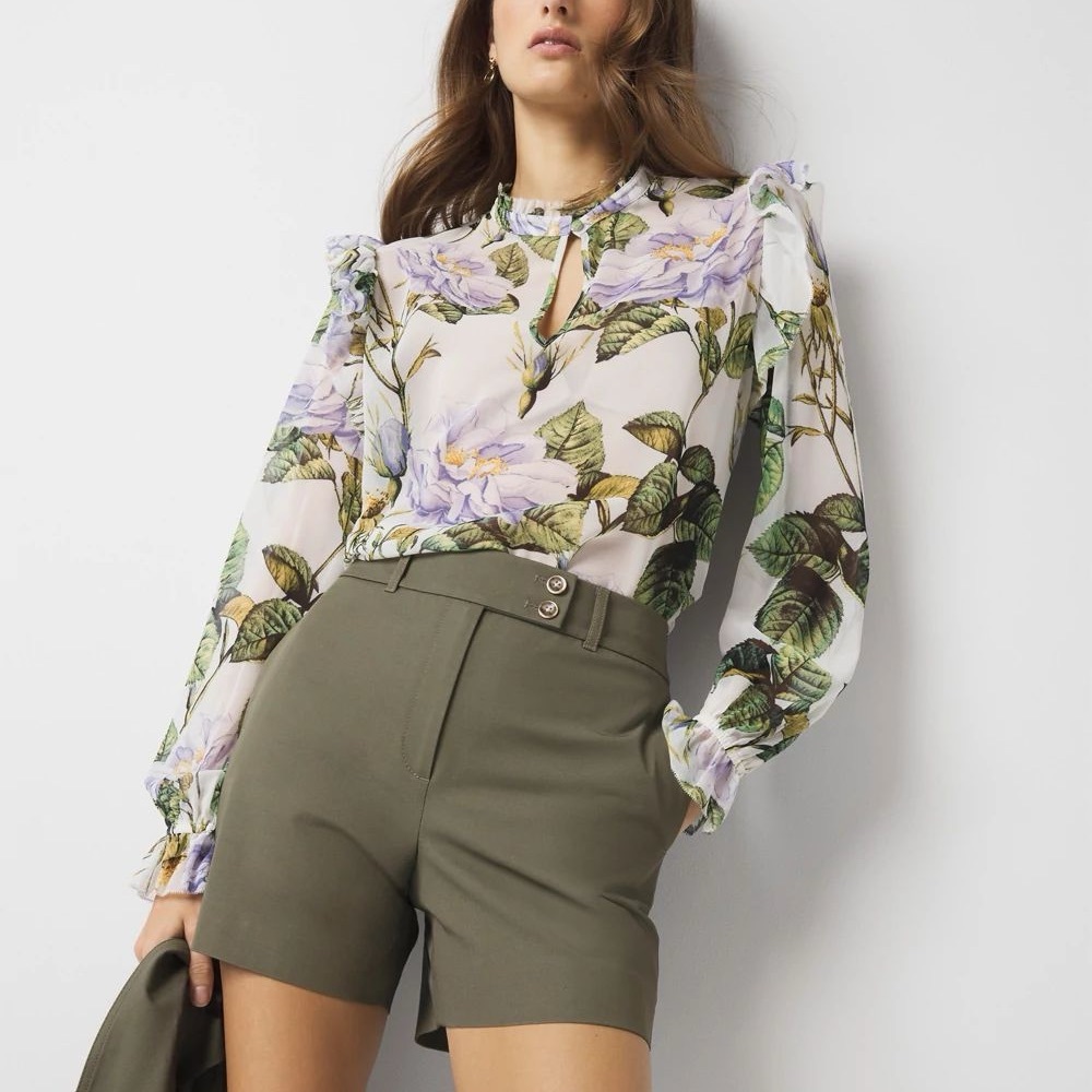 WHBM Floral Blouse with Olive Green Shorts